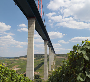 Blick auf die Brücke durch die Weinberge