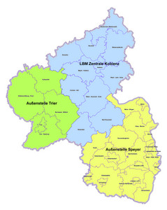 Rheinland-Pfalz-Karte mit Übersicht Gebeite LBM-Außenstellen