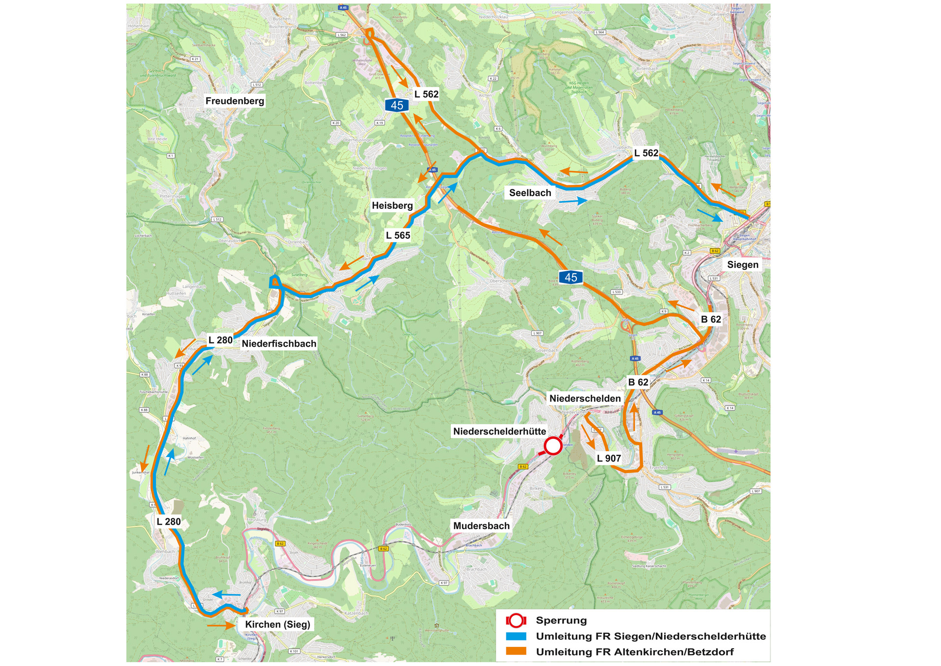 Karte mit Umleitungsstrecken rund um die Baumaßnahme B 62/Niederschelderhütte